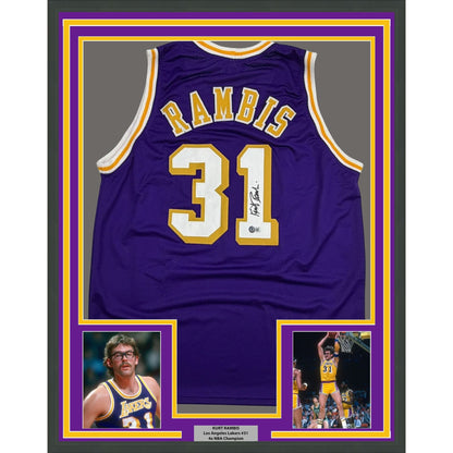Framed Autographed/Signed Kurt Rambis 35x39 Los Angeles Purple Basketball Jersey Beckett BAS COA