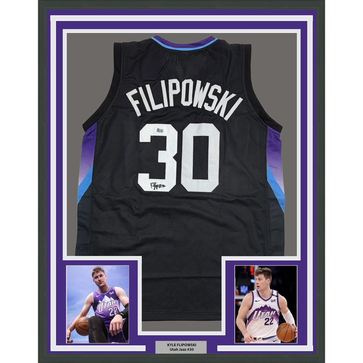 Framed Autographed/Signed Kyle Filipowski 35x39 Utah Black Basketball Jersey Beckett BAS COA