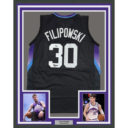 Framed Autographed/Signed Kyle Filipowski 35x39 Utah Black Basketball Jersey Beckett BAS COA
