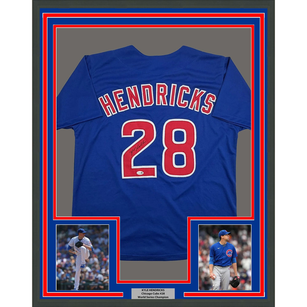 Framed Autographed/Signed Kyle Hendricks 35x39 Chicago Blue Baseball Jersey JSA COA