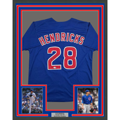 Framed Autographed/Signed Kyle Hendricks 35x39 Chicago Blue Baseball Jersey JSA COA