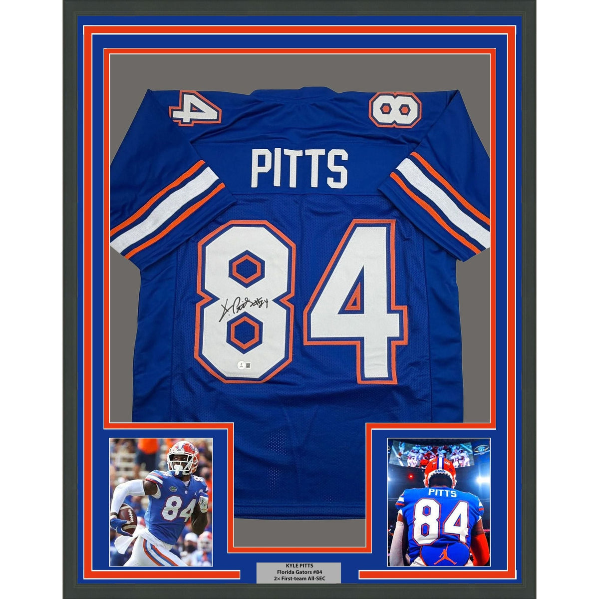 Framed Autographed/Signed Kyle Pitts 35x39 Florida Blue College Football Jersey JSA COA
