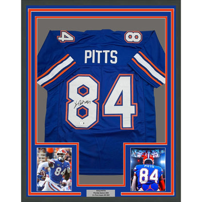 Framed Autographed/Signed Kyle Pitts 35x39 Florida Blue College Football Jersey JSA COA
