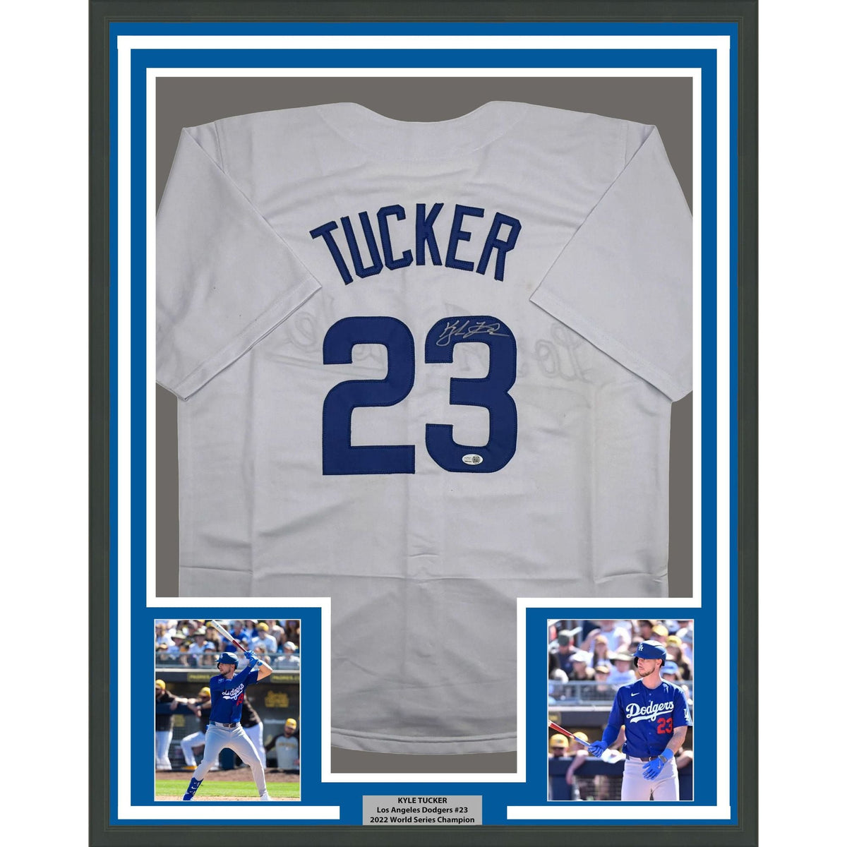 Framed Autographed/Signed Kyle Tucker 35x39 Los Angeles White Baseball Jersey JSA COA