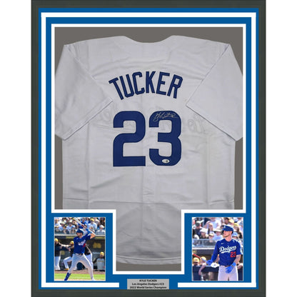 Framed Autographed/Signed Kyle Tucker 35x39 Los Angeles White Baseball Jersey JSA COA
