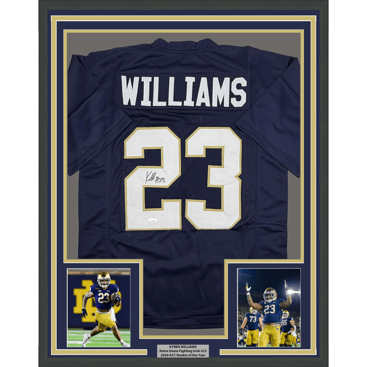Framed Autographed/Signed Kyren Williams 35x39 Notre Dame Blue College Football Jersey JSA COA