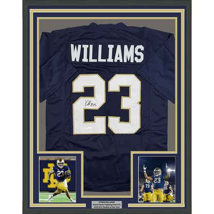 Framed Autographed/Signed Kyren Williams 35x39 Notre Dame Blue College Football Jersey JSA COA