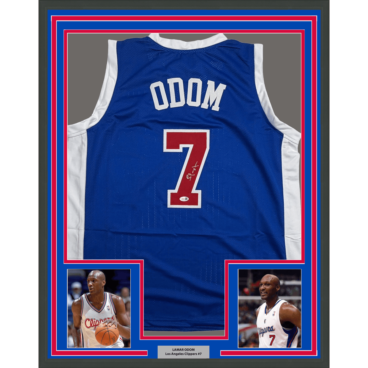 Framed Autographed/Signed Lamar Odom 35x39 Los Angeles Blue Basketball Jersey JSA COA