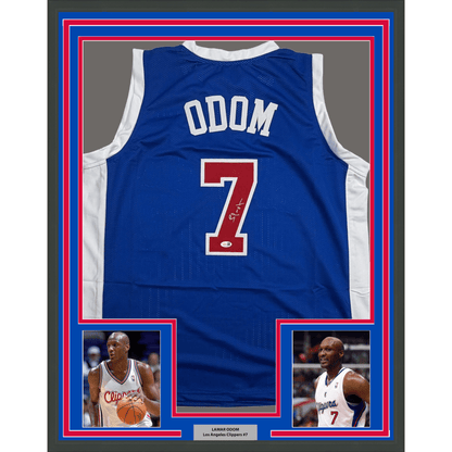 Framed Autographed/Signed Lamar Odom 35x39 Los Angeles Blue Basketball Jersey JSA COA