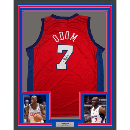 Framed Autographed/Signed Lamar Odom 35x39 Los Angeles Red Basketball Jersey JSA COA