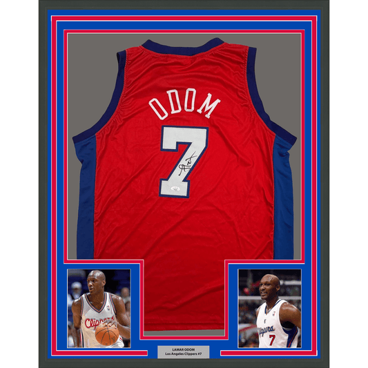 Framed Autographed/Signed Lamar Odom 35x39 Los Angeles Red Basketball Jersey JSA COA