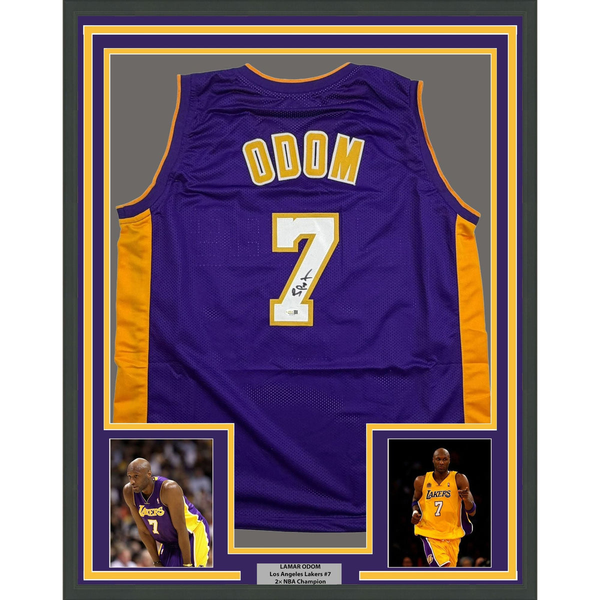 Framed Autographed/Signed Lamar Odom 35x39 Los Angeles Purple Basketball Jersey JSA COA