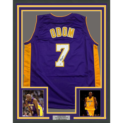 Framed Autographed/Signed Lamar Odom 35x39 Los Angeles Purple Basketball Jersey JSA COA
