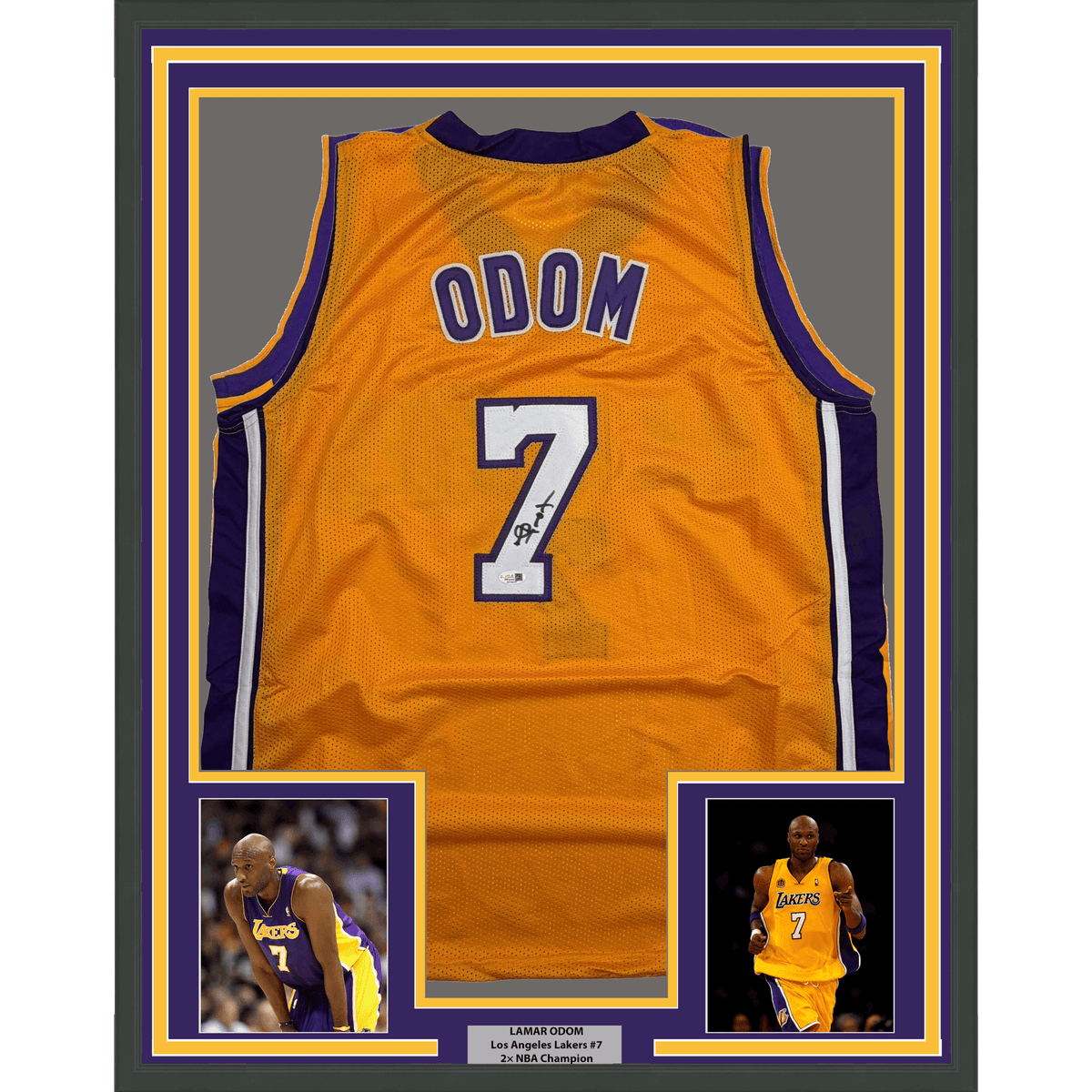 Framed Autographed/Signed Lamar Odom 35x39 Los Angeles Yellow Basketball Jersey JSA COA