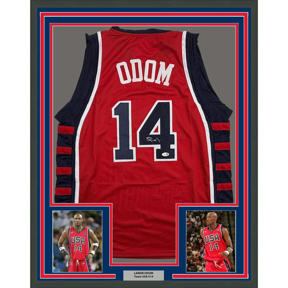 Framed Autographed/Signed Lamar Odom 35x39 United States USA Olympics Red Basketball Jersey JSA COA