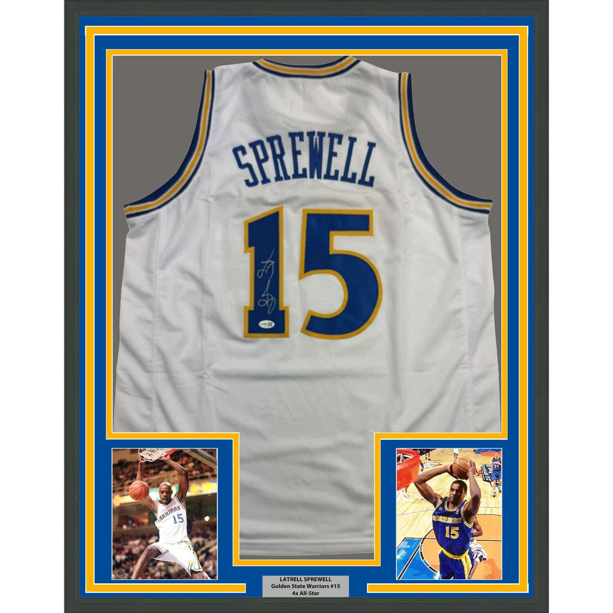 Framed Autographed/Signed Latrell Sprewell 35x39 Golden State White Retro Basketball Jersey JSA COA
