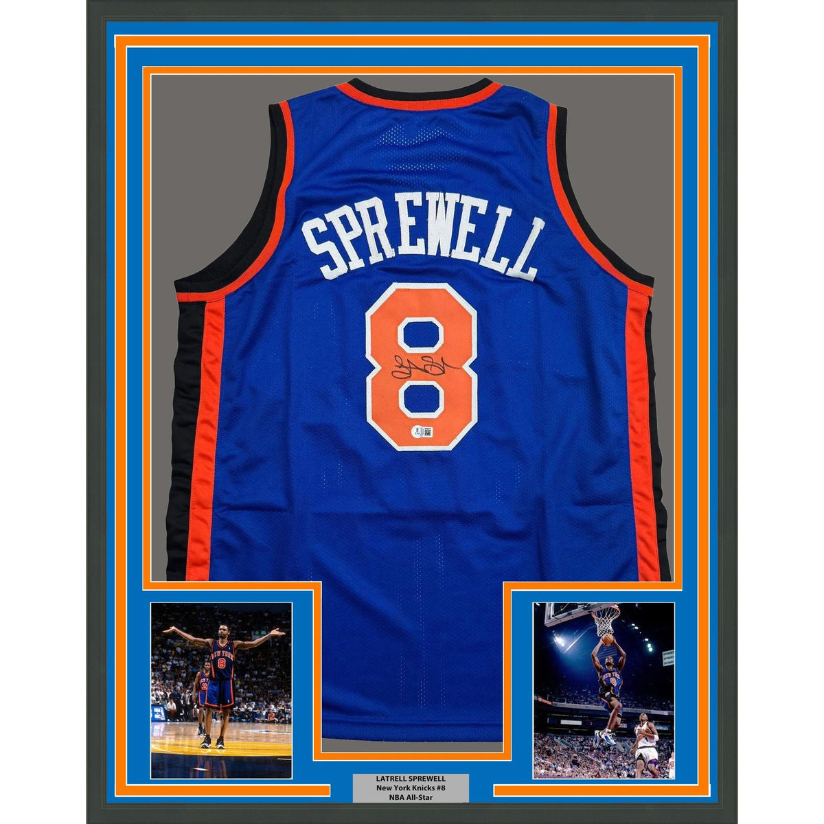 Framed Autographed/Signed Latrell Sprewell 35x39 New York Blue Basketball Jersey Beckett BAS COA