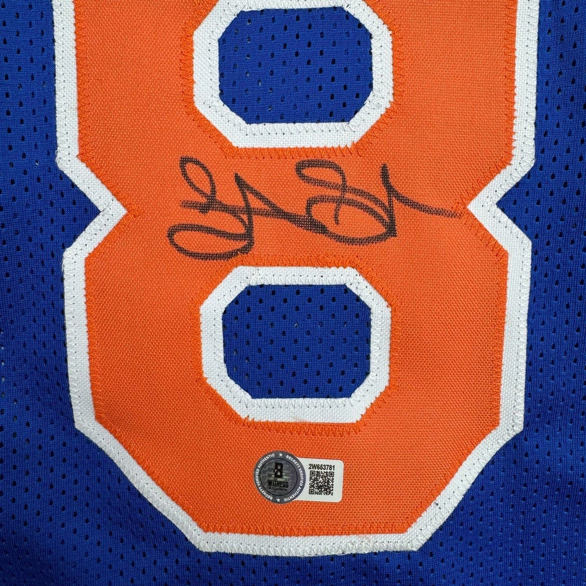Framed Autographed/Signed Latrell Sprewell 35x39 New York Blue Basketball Jersey Beckett BAS COA