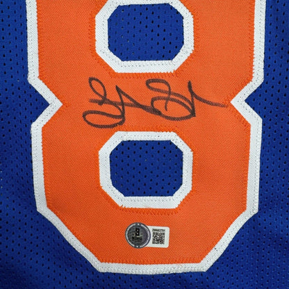 Framed Autographed/Signed Latrell Sprewell 35x39 New York Blue Basketball Jersey Beckett BAS COA