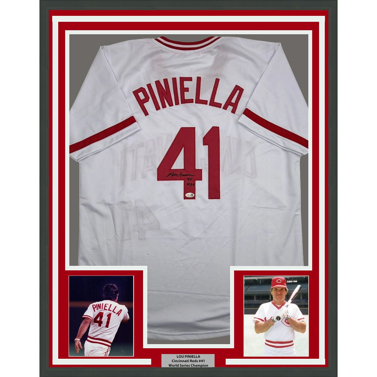 Framed Autographed/Signed Lou Piniella 90 WSC 35x39 Cincinnati White Baseball Jersey JSA COA