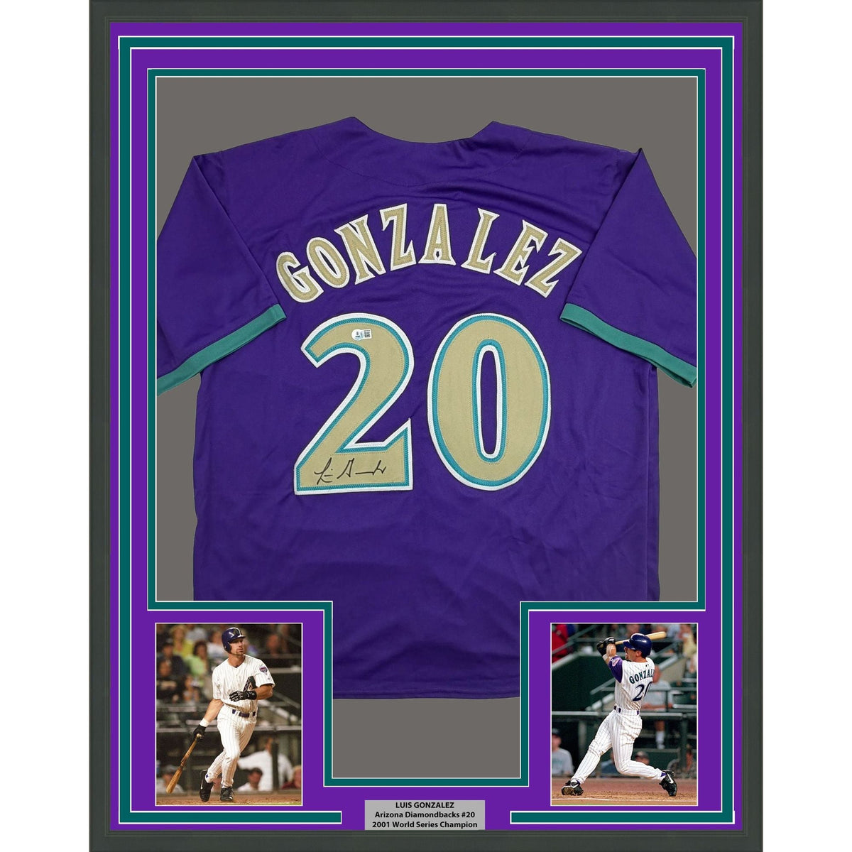 Framed Autographed/Signed Luis Gonzalez 35x39 Arizona Purple Baseball Jersey Beckett BAS COA