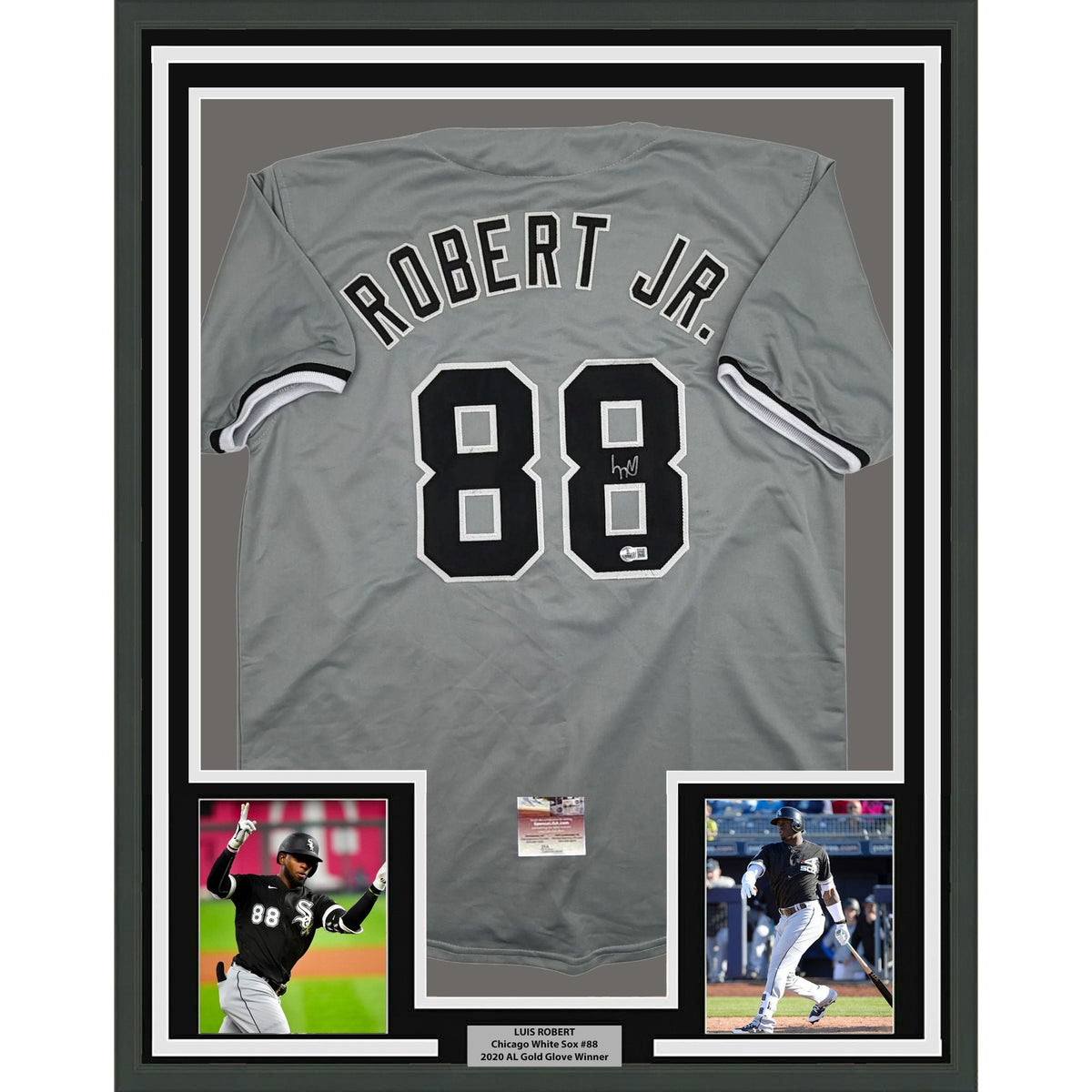 Framed Autographed/Signed Luis Robert 35x39 Chicago Grey Baseball Jersey Beckett BAS COA