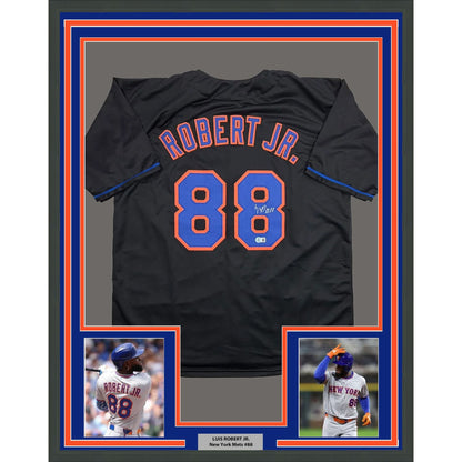 Framed Autographed/Signed Luis Robert Jr. 35x39 New York Black Baseball Jersey Beckett BAS COA