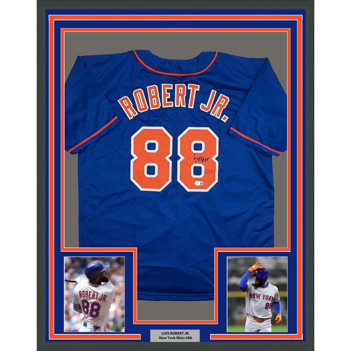 Framed Autographed/Signed Luis Robert Jr. 35x39 New York Blue Baseball Jersey Beckett BAS COA