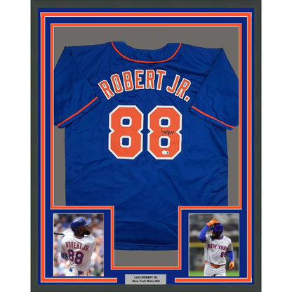 Framed Autographed/Signed Luis Robert Jr. 35x39 New York Blue Baseball Jersey Beckett BAS COA