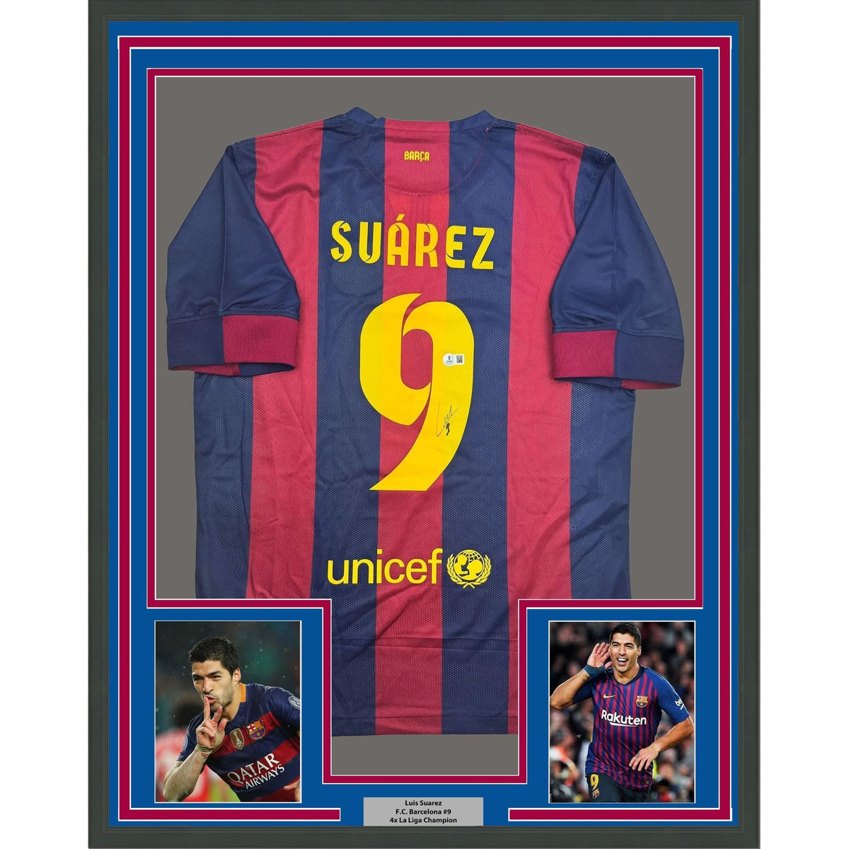 Framed Autographed/Signed Luis Suarez 35x39 FC Barcelona Blue/Red Soccer Futbol Jersey Beckett BAS COA