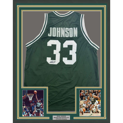 Framed Autographed/Signed Earvin Magic Johnson 35x39 Michigan State Green College Basketball Jersey JSA COA