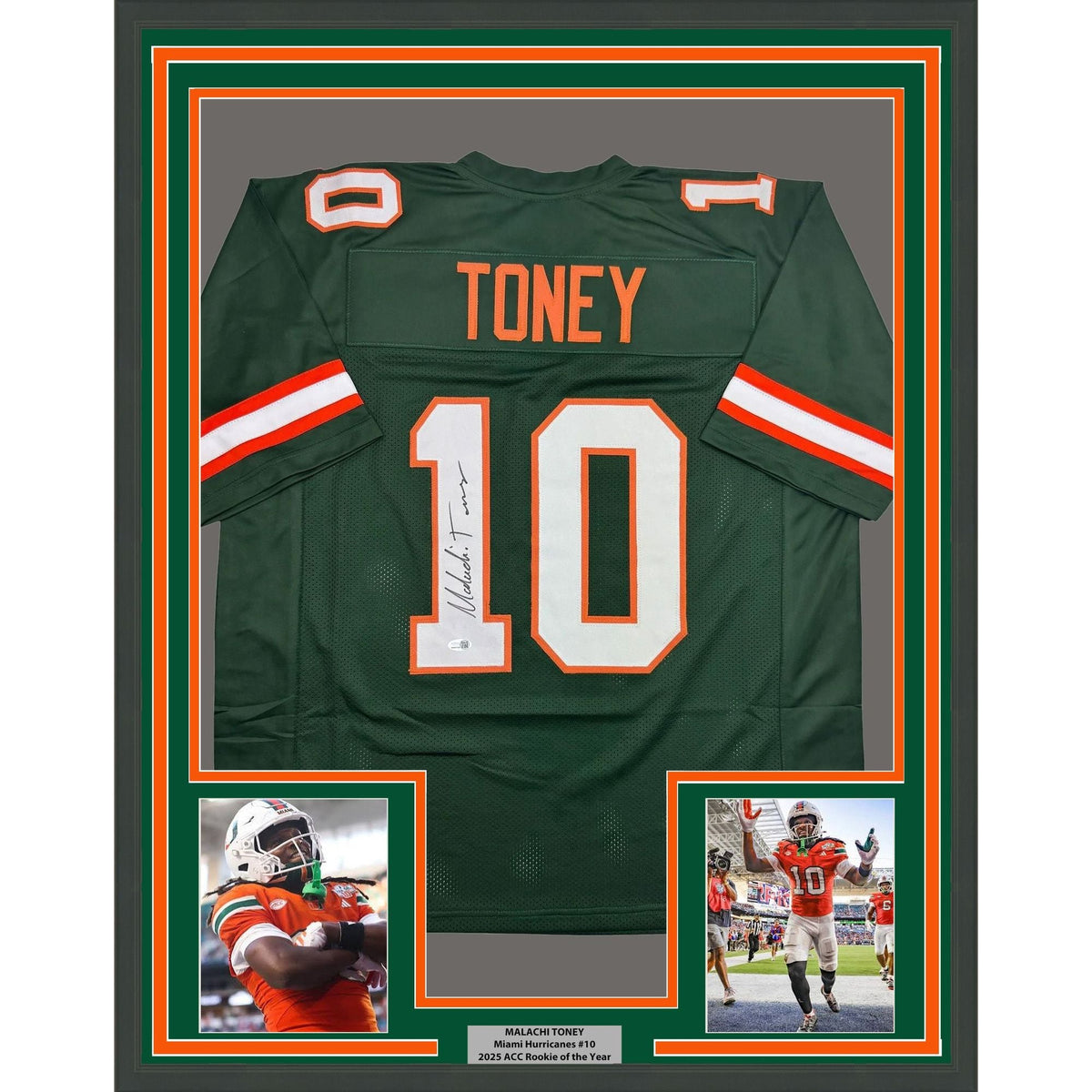 Framed Autographed/Signed Malachi Toney 35x39 Miami Green College Football Jersey JSA COA