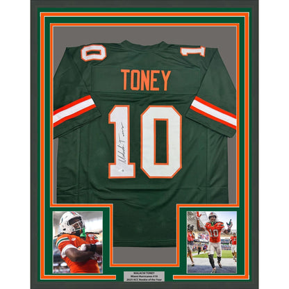 Framed Autographed/Signed Malachi Toney 35x39 Miami Green College Football Jersey JSA COA