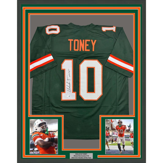 Framed Autographed/Signed Malachi Toney 35x39 Miami Green College Football Jersey JSA COA