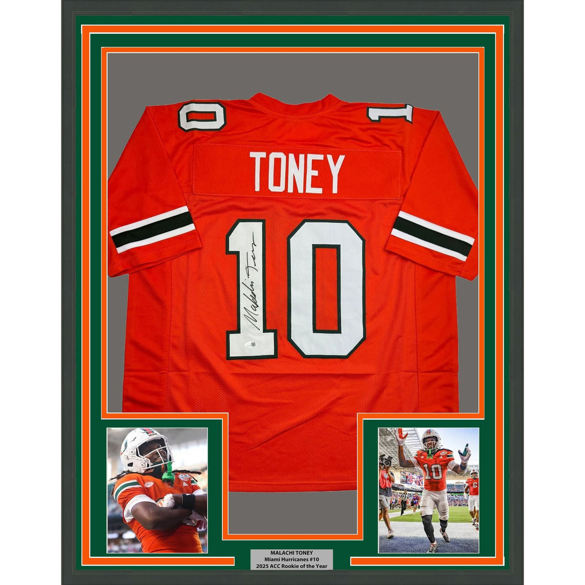 Framed Autographed/Signed Malachi Toney 35x39 Miami Orange College Football Jersey JSA COA