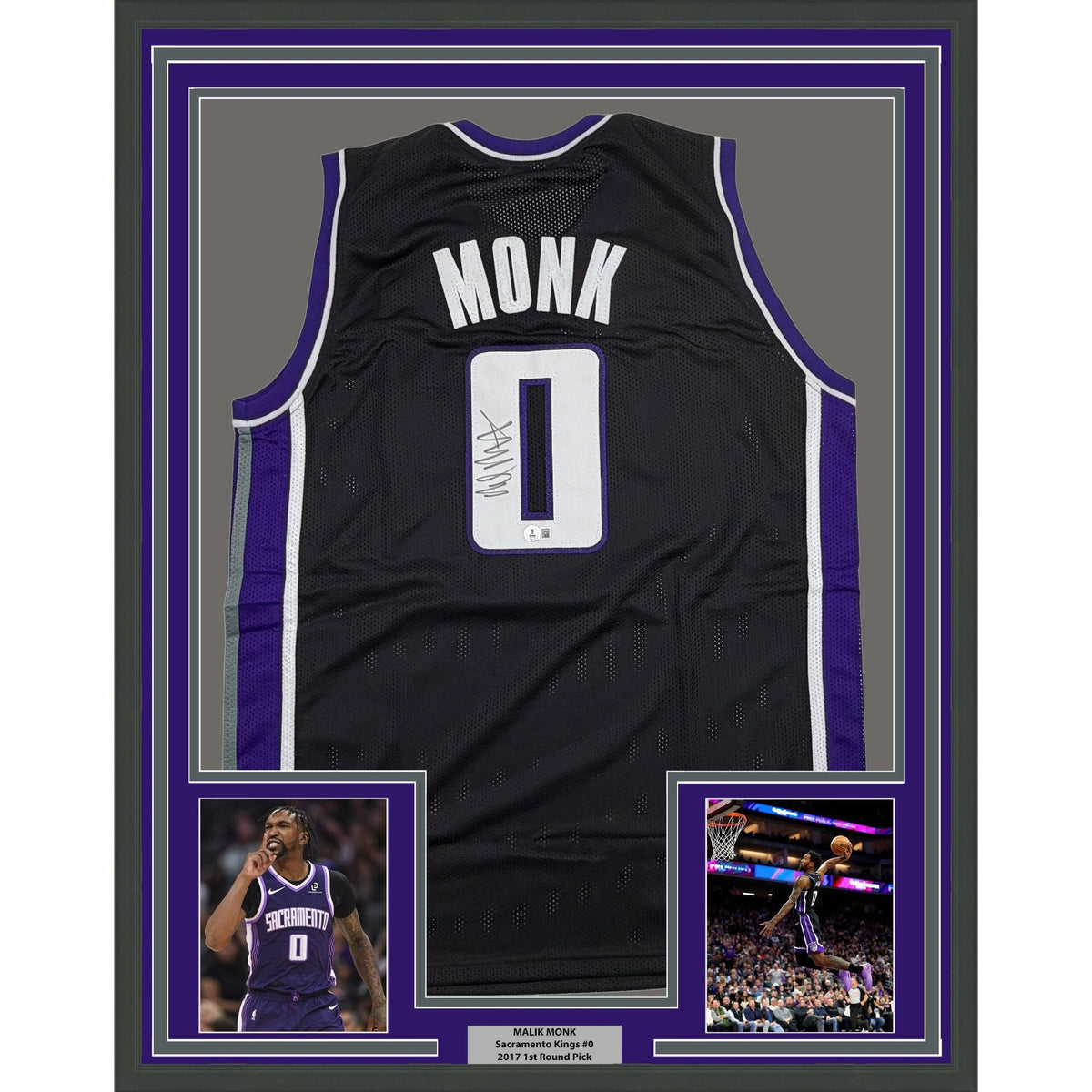 Framed Autographed/Signed Malik Monk 35x39 Sacramento Black Basketball Jersey Beckett BAS COA
