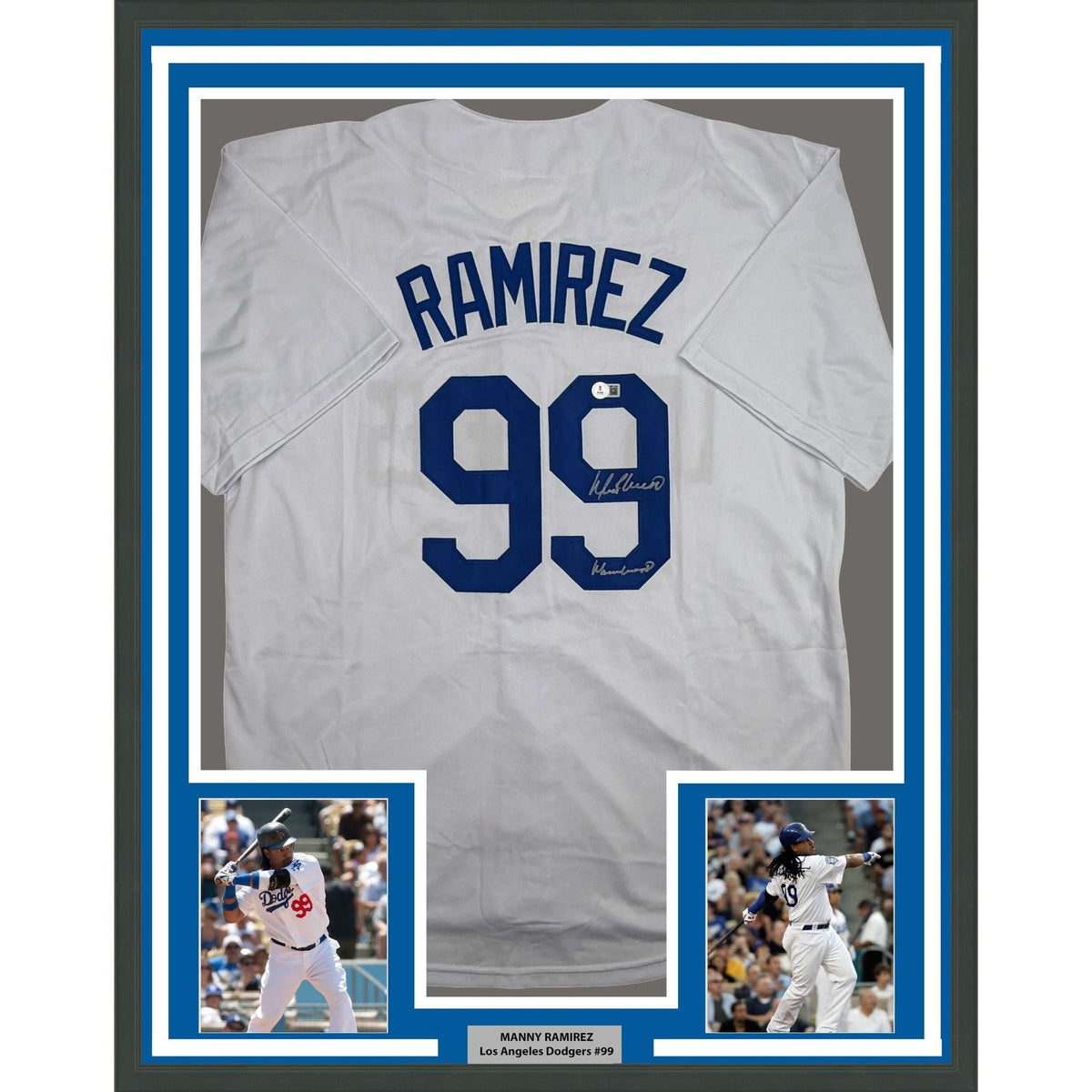 Framed Autographed/Signed Manny Ramirez MannyWood 35x39 Los Angeles White Baseball Jersey Beckett BAS COA