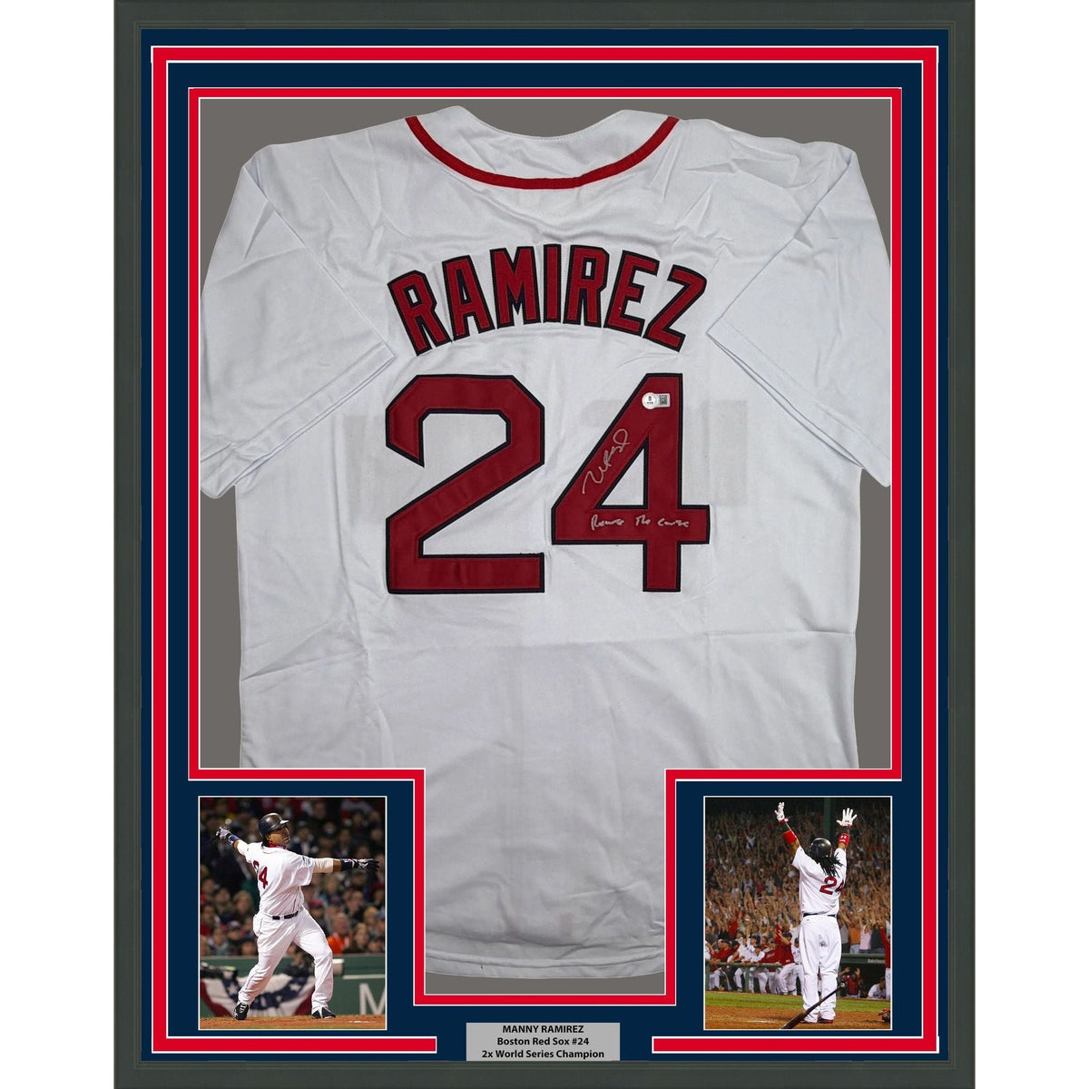 Framed Autographed/Signed Manny Ramirez Reverse The Curse 35x39 Boston White Baseball Jersey Beckett BAS COA