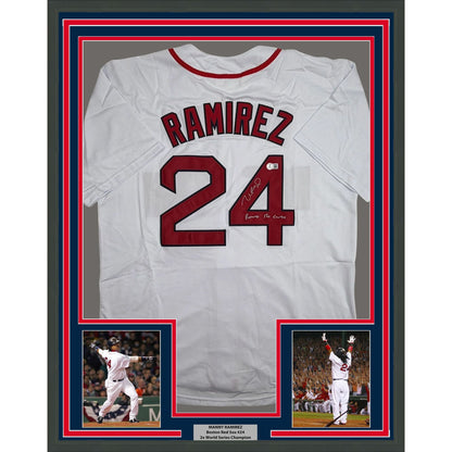 Framed Autographed/Signed Manny Ramirez Reverse The Curse 35x39 Boston White Baseball Jersey Beckett BAS COA