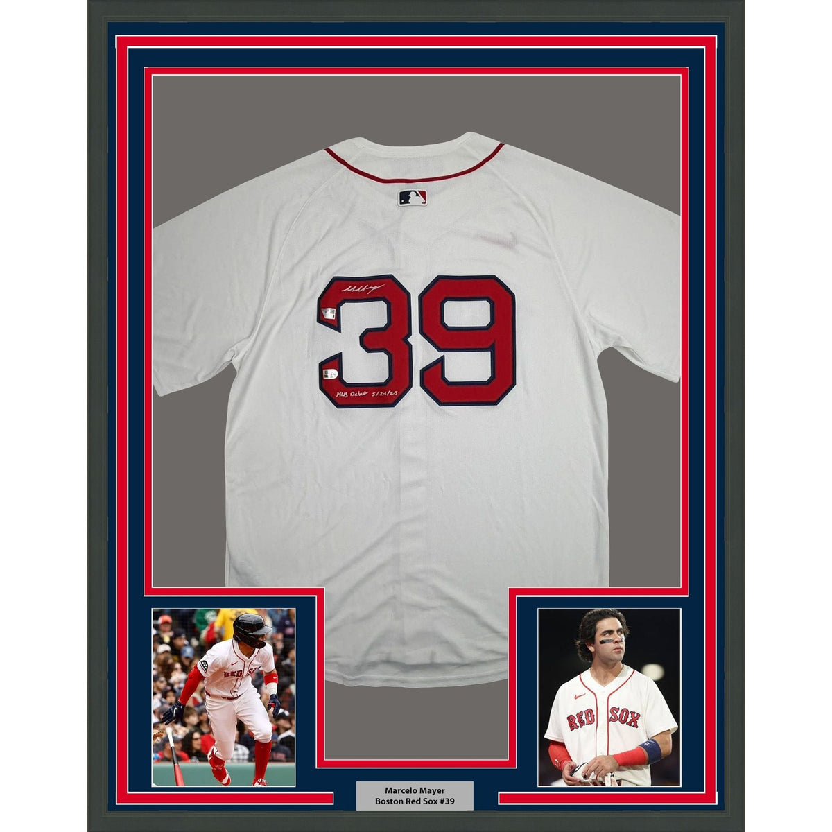 Framed Autographed/Signed Marcelo Mayer MLB Debut 35x39 Boston Red Sox White Authentic Baseball Jersey Fanatics & MLB COA