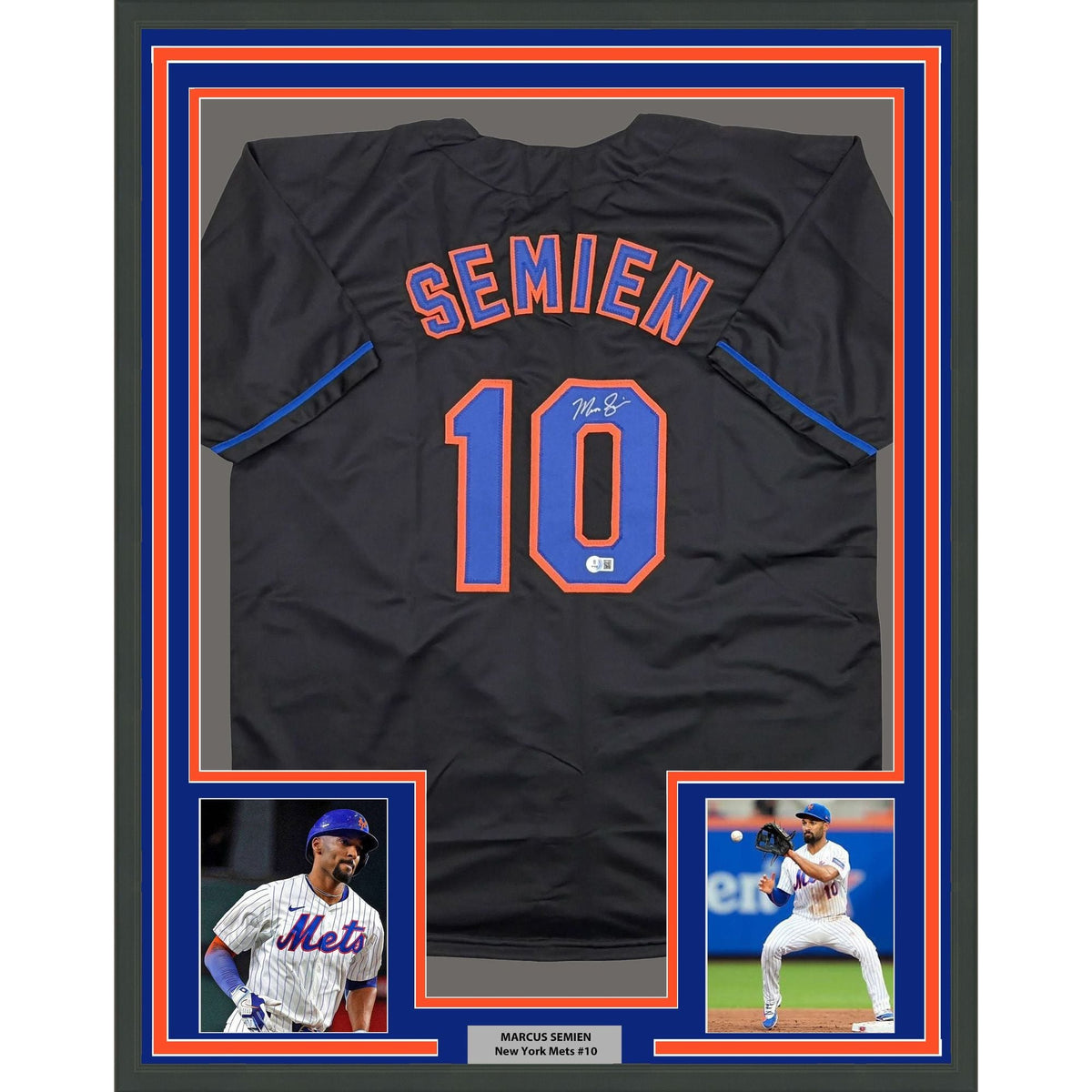 Framed Autographed/Signed Marcus Semien 35x39 New York Black Baseball Jersey Beckett BAS COA