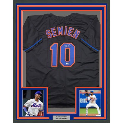 Framed Autographed/Signed Marcus Semien 35x39 New York Black Baseball Jersey Beckett BAS COA