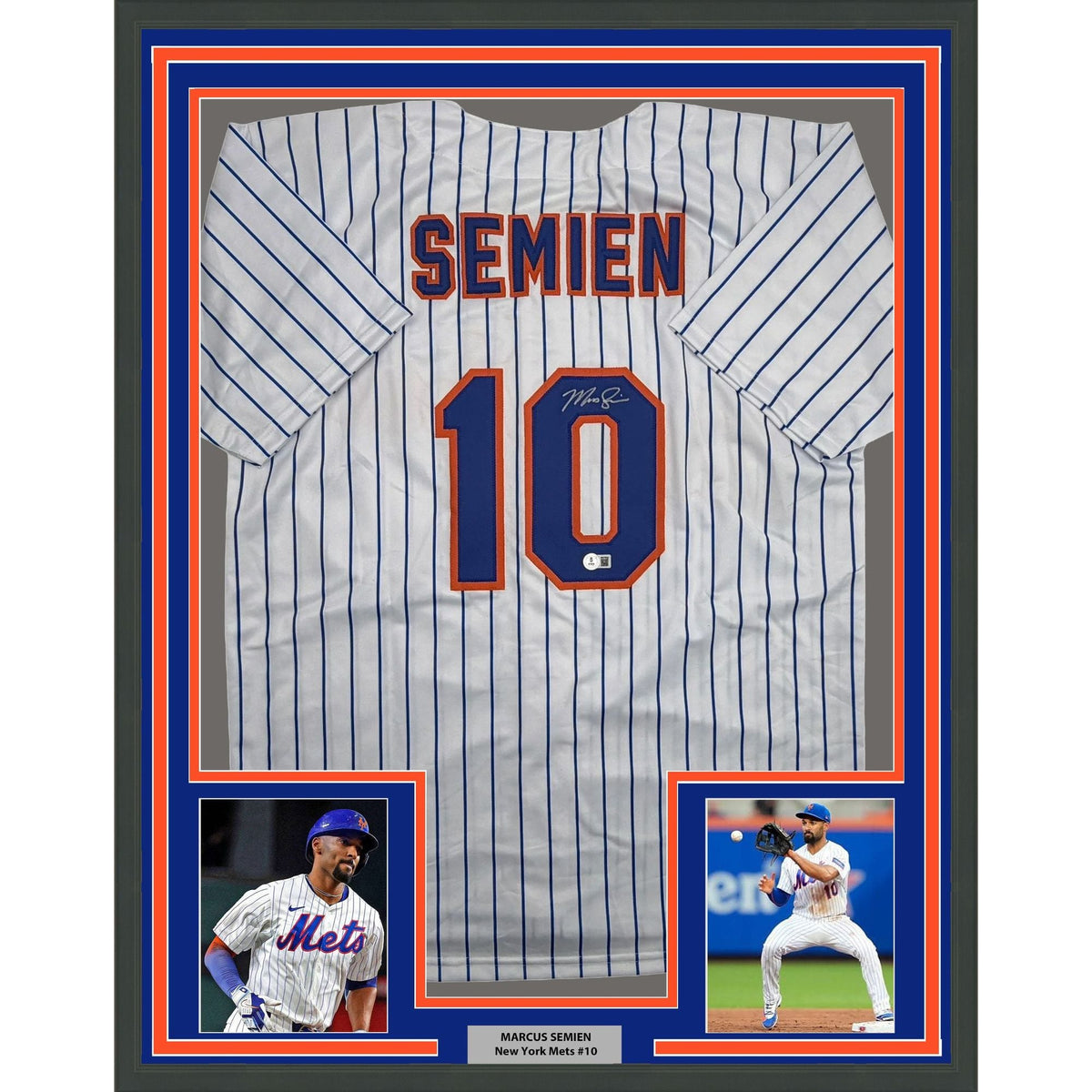 Framed Autographed/Signed Marcus Semien 35x39 New York Pinstripe Baseball Jersey Beckett BAS COA