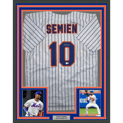 Framed Autographed/Signed Marcus Semien 35x39 New York Pinstripe Baseball Jersey Beckett BAS COA