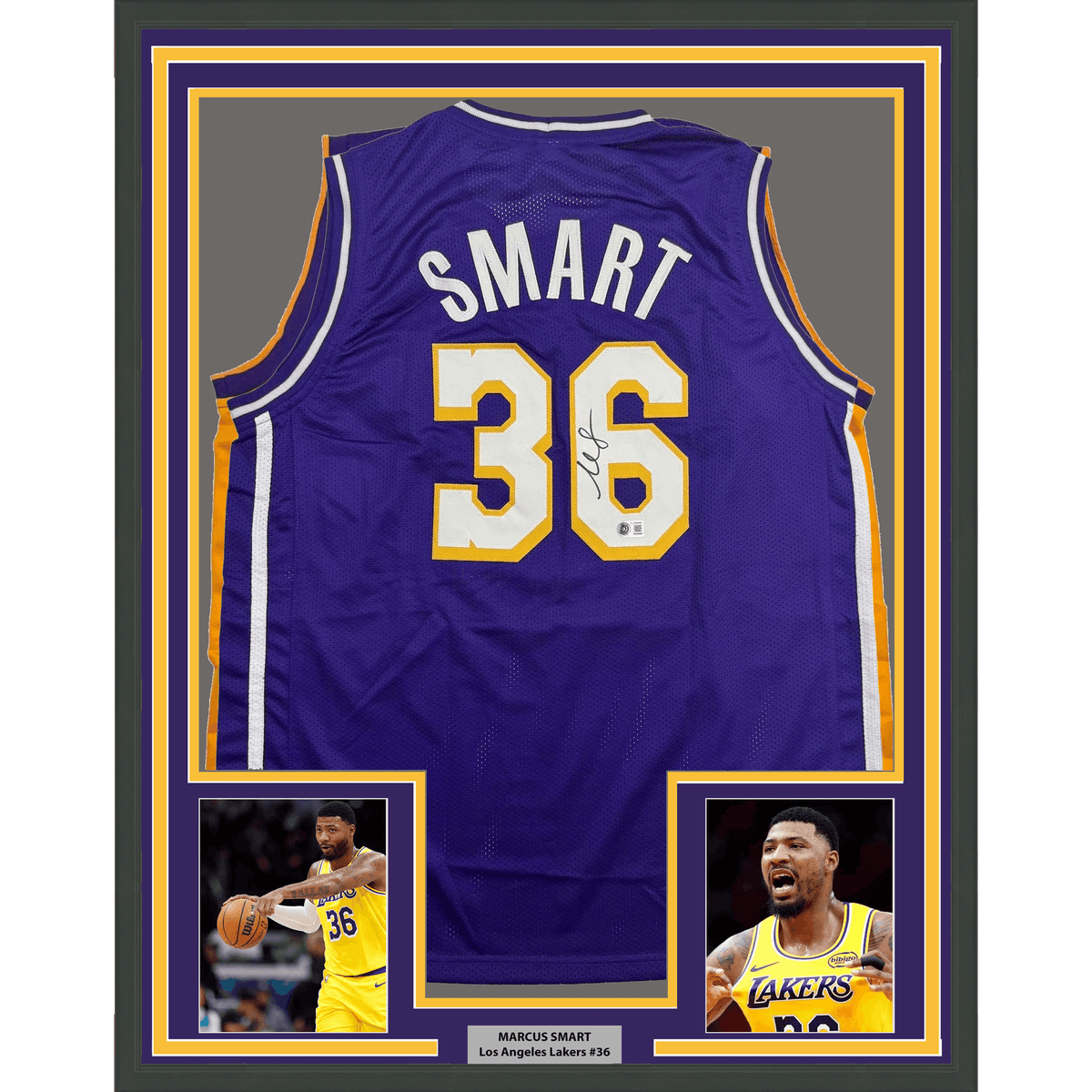 Framed Autographed/Signed Marcus Smart 35x39 Los Angeles Purple Basketball Jersey Beckett BAS COA