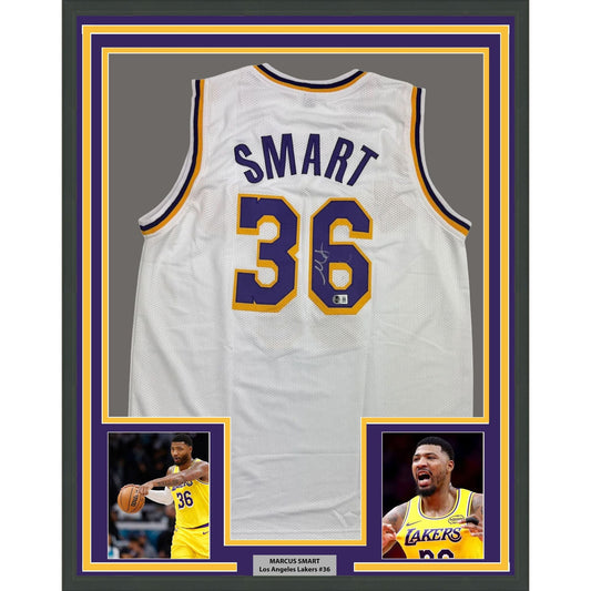 Framed Autographed/Signed Marcus Smart Los Angeles White Basketball Jersey Beckett BAS COA