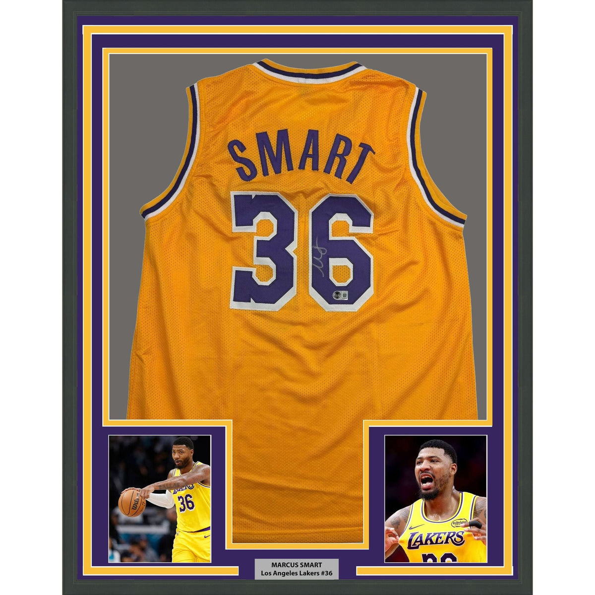 Framed Autographed/Signed Marcus Smart 35x39 Los Angeles Yellow Basketball Jersey Beckett BAS COA