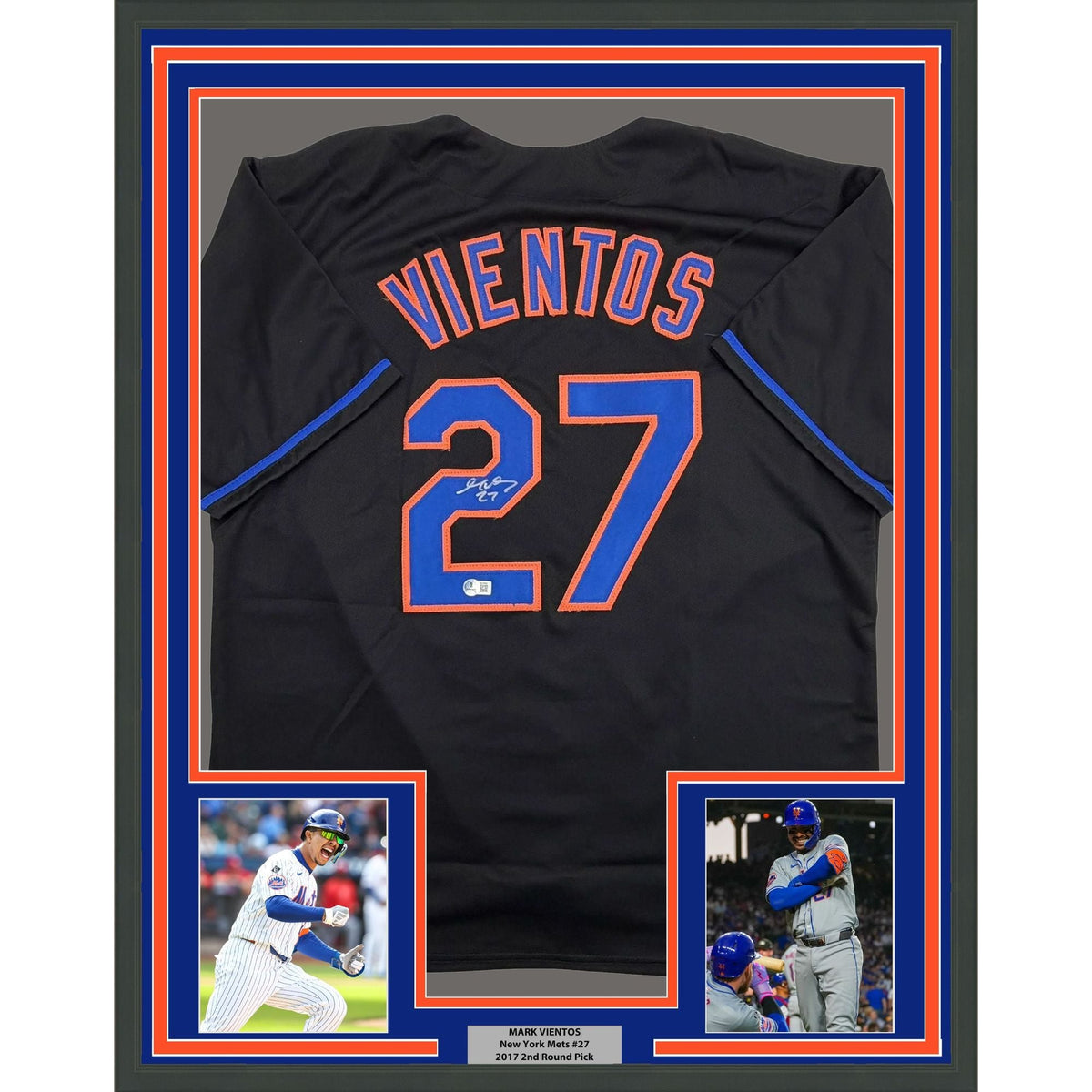 Framed Autographed/Signed Mark Vientos 35x39 New York Black Baseball Jersey Beckett BAS COA