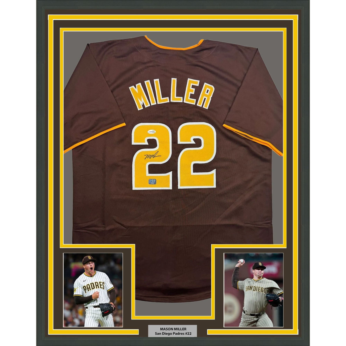 Framed Autographed/Signed Mason Miller 35x39 San Diego Brown Baseball Jersey JSA COA