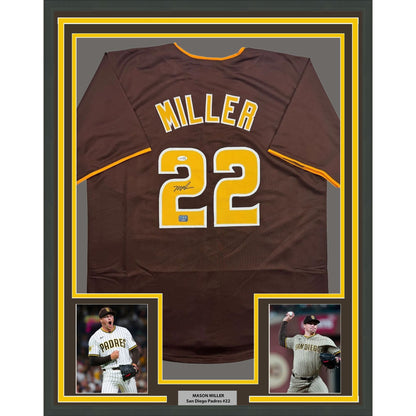 Framed Autographed/Signed Mason Miller 35x39 San Diego Brown Baseball Jersey JSA COA